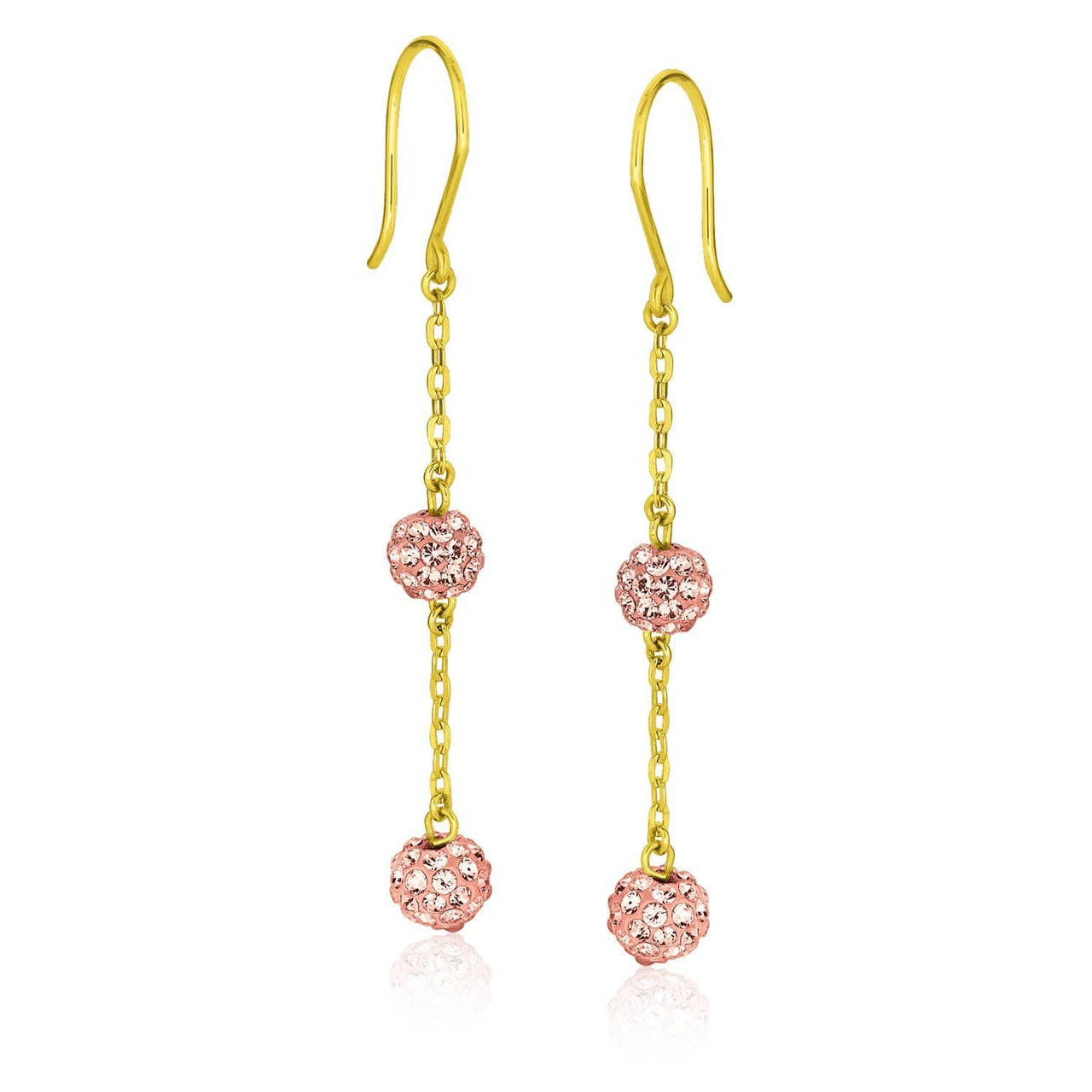 14k Yellow Gold Dangling Pink Tone Crystal Ball Earrings Earrings Angelucci Jewelry   