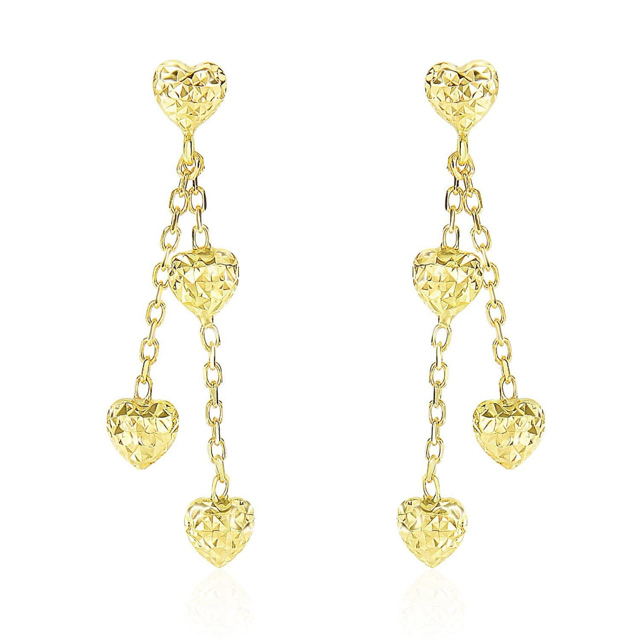 14k Yellow Gold Puffed Heart Diamond Cut Chain Dangling Earrings Earrings Angelucci Jewelry   