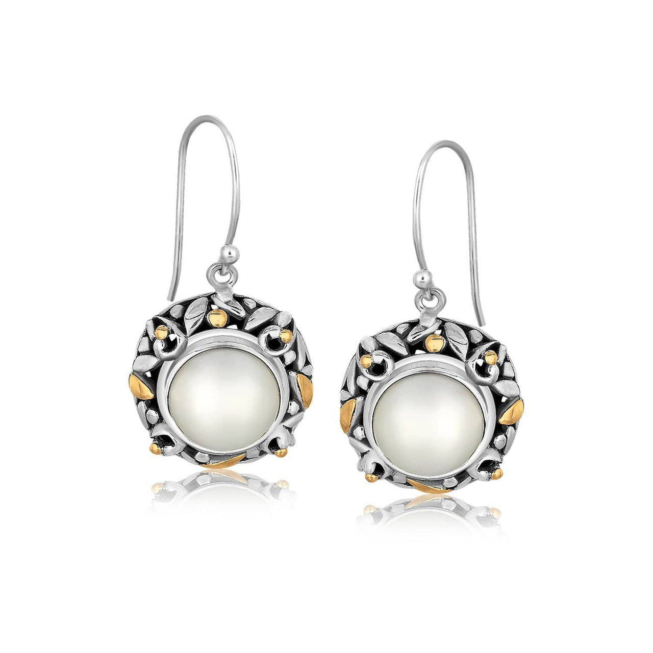 18k Yellow Gold and Sterling Silver Pearl Drop Earrings with Leaf Ornaments Earrings Angelucci Jewelry   