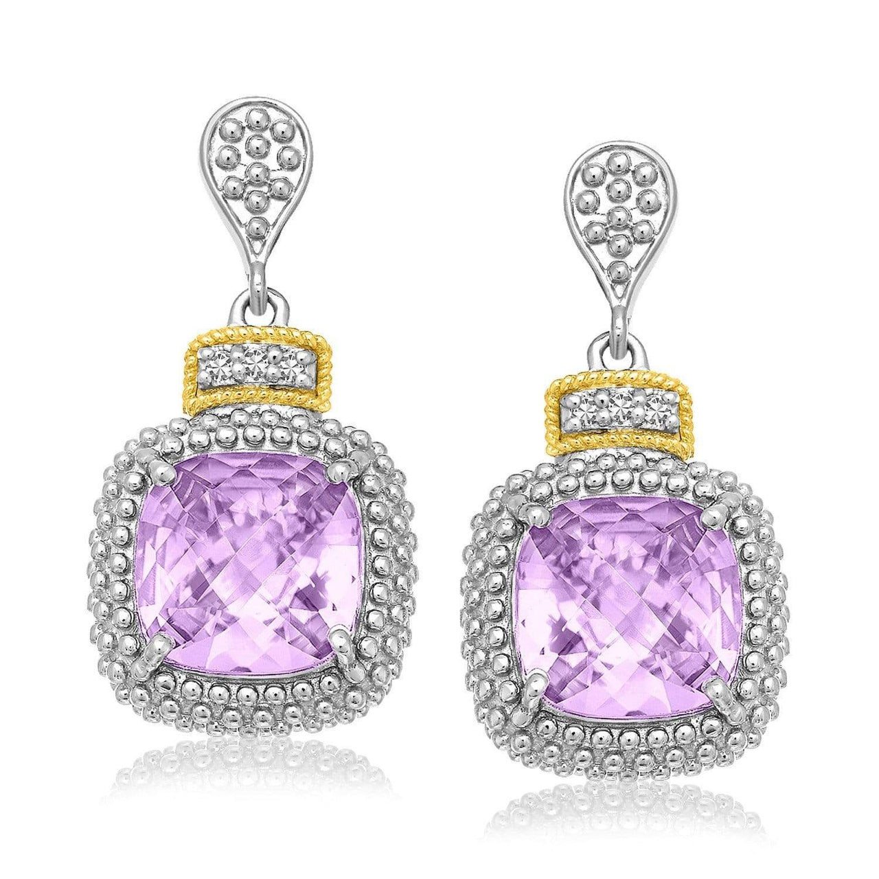 18k Yellow Gold & Sterling Silver Cushion Amethyst & Diamond Earrings (.05cttw) Earrings Angelucci Jewelry   