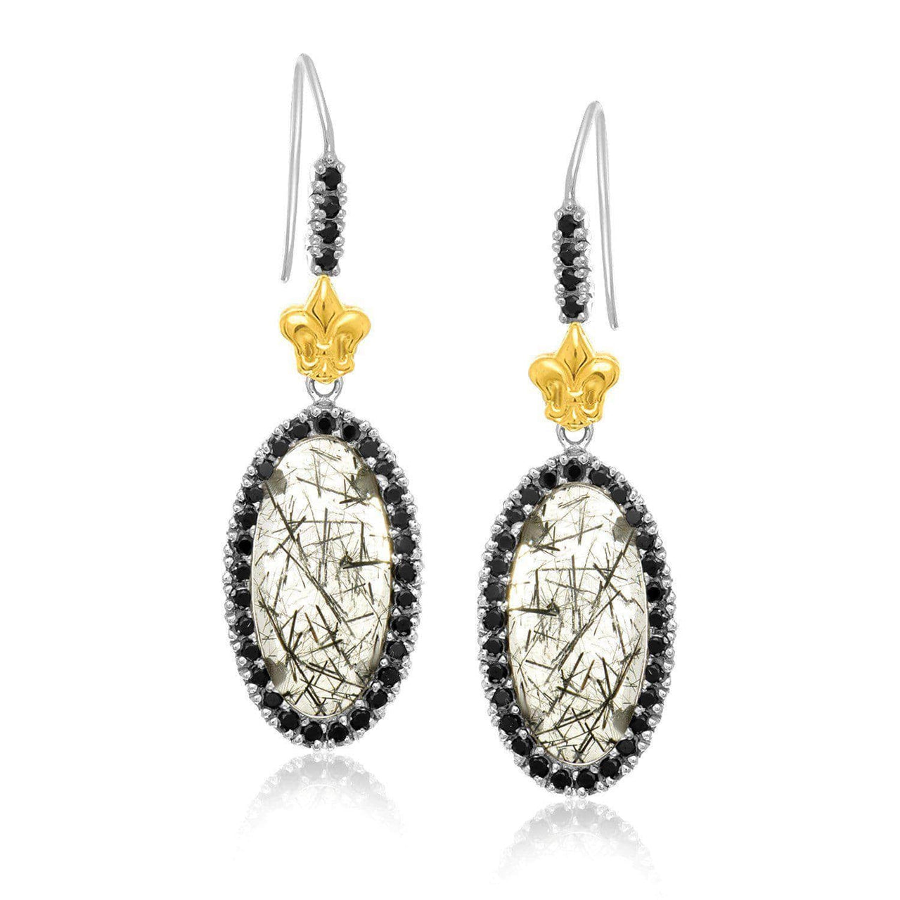 18k Yellow Gold & Sterling Silver Rutilated Quartz Fleur De Lis Drop Earrings Earrings Angelucci Jewelry   