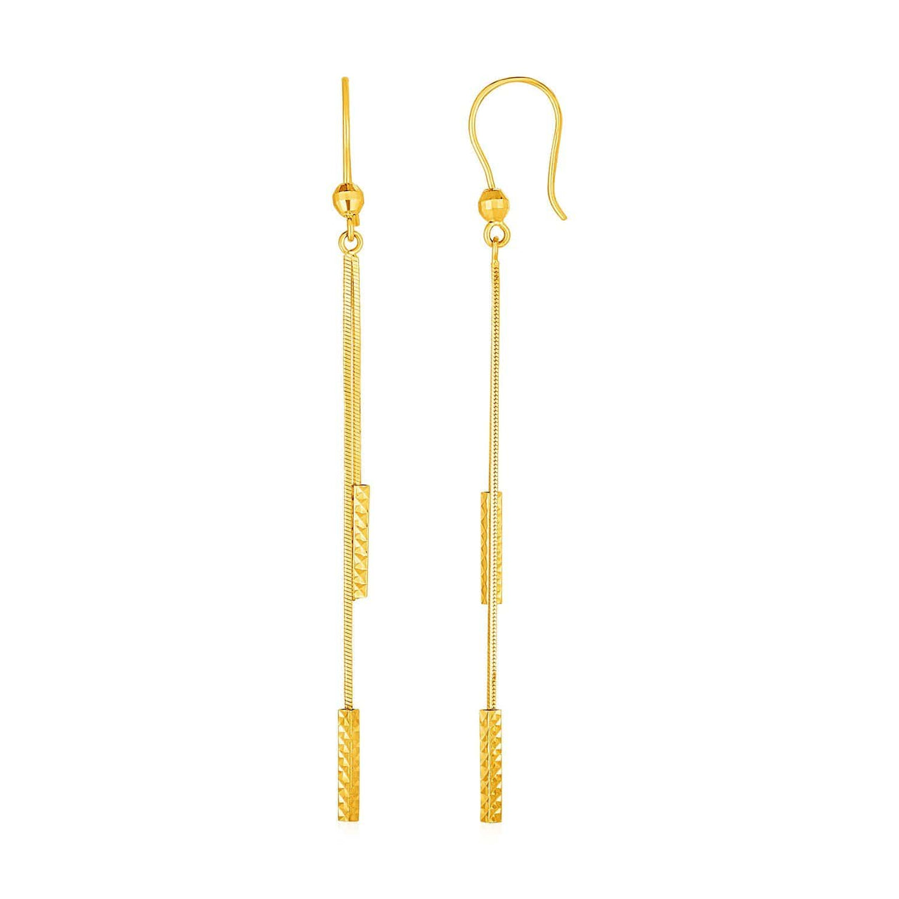 Textured Bar Long Drop Earrings in 14k Yellow Gold Earrings Angelucci Jewelry   