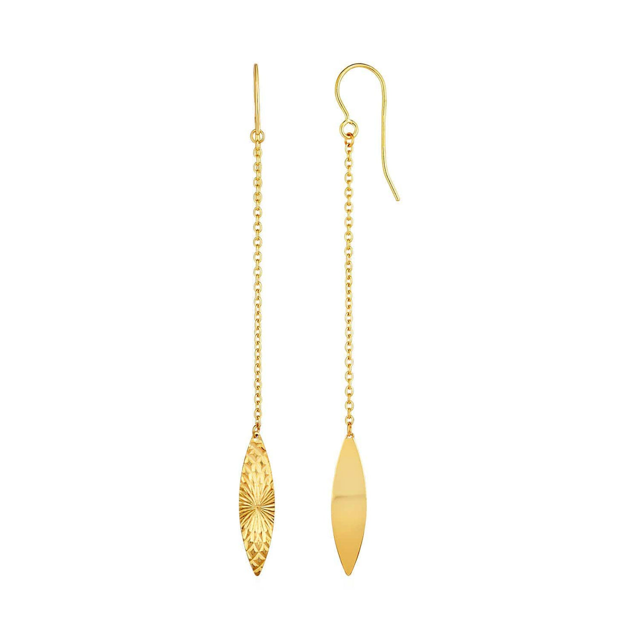 Textured Marquise Shaped Long Drop Earrings in 14k Yellow Gold Earrings Angelucci Jewelry   