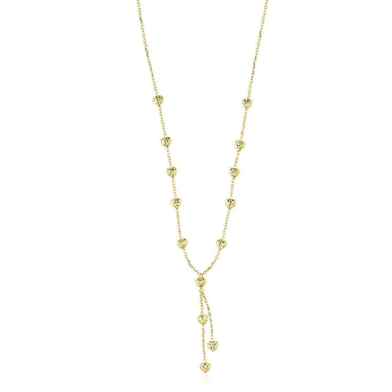 14k Yellow Gold Puffed Heart Station Diamond Cut Lariat Style Necklace Necklaces Angelucci Jewelry   