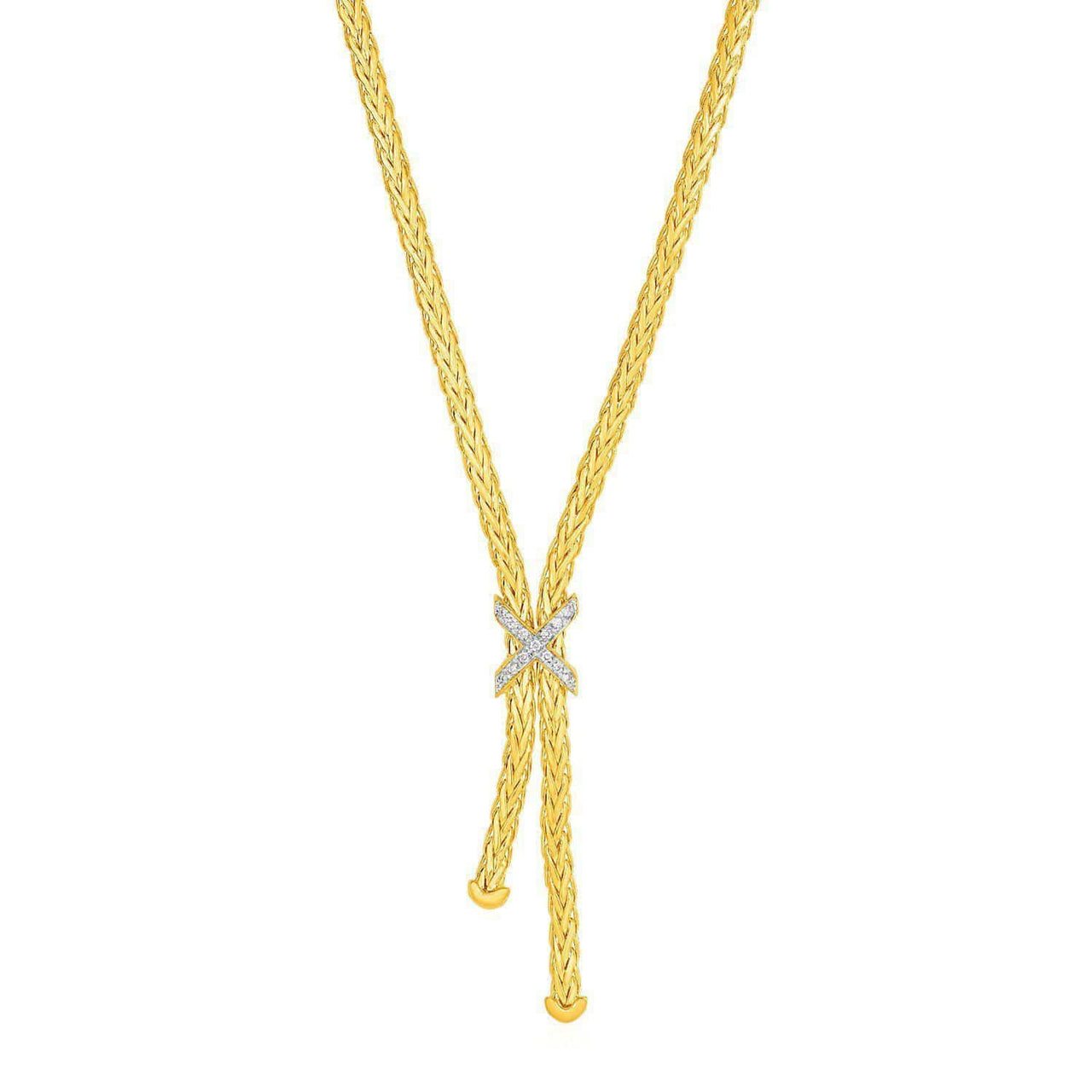 Rope Lariat Necklace with X Shaped Focal Element with Diamond in 14k Yellow Gold Necklaces Angelucci Jewelry   
