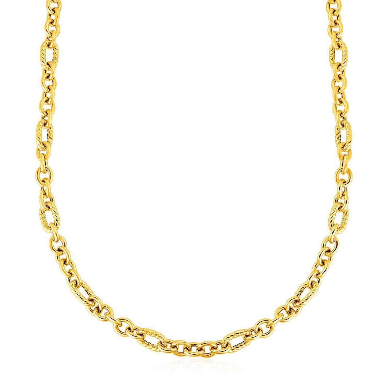 Shiny and Textured Oval Link Necklace in 14k Yellow Gold Necklaces Angelucci Jewelry   