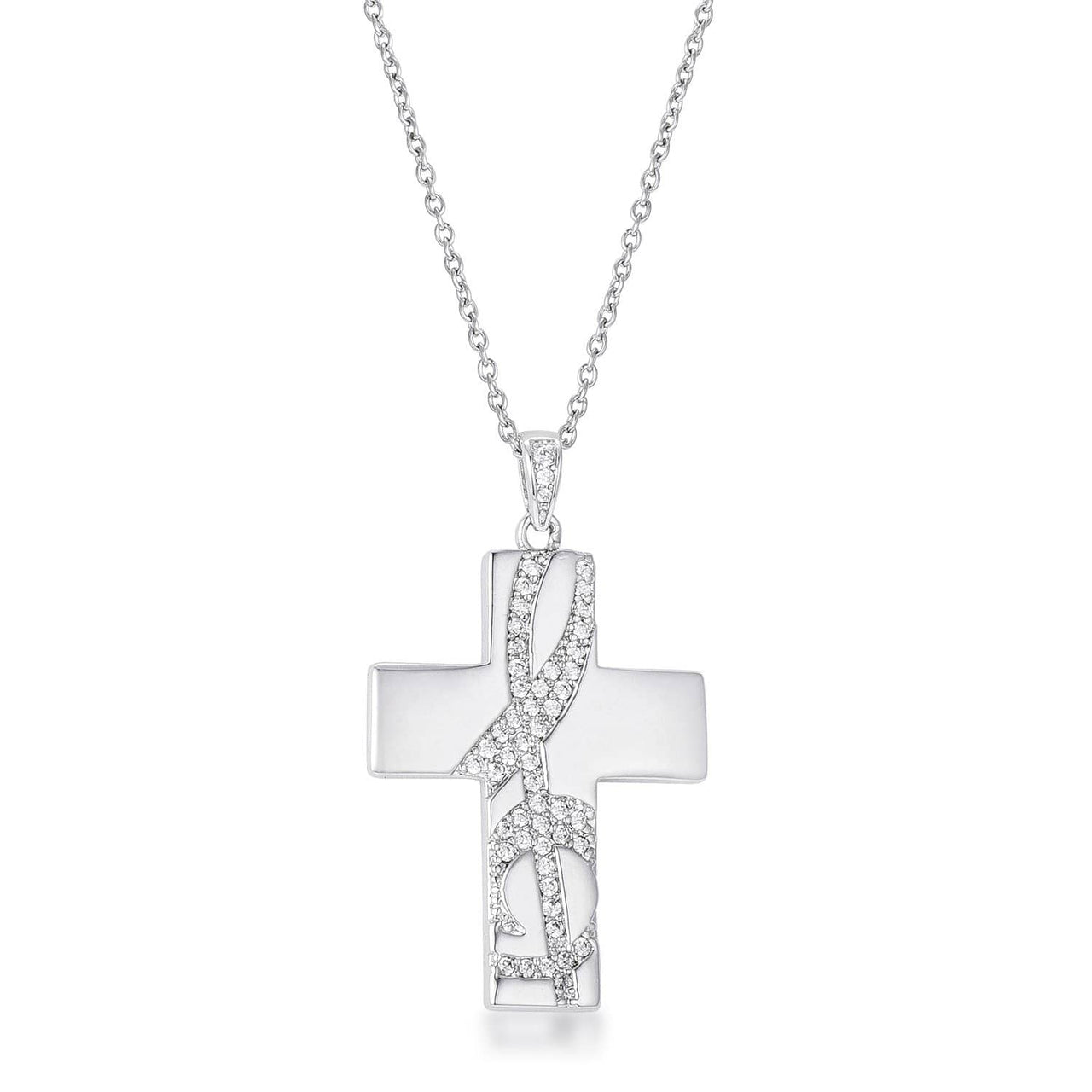.75Ct Rhodium Pated Elegant CZ Accented Treble Clef Cross Pendant Necklaces JGI   
