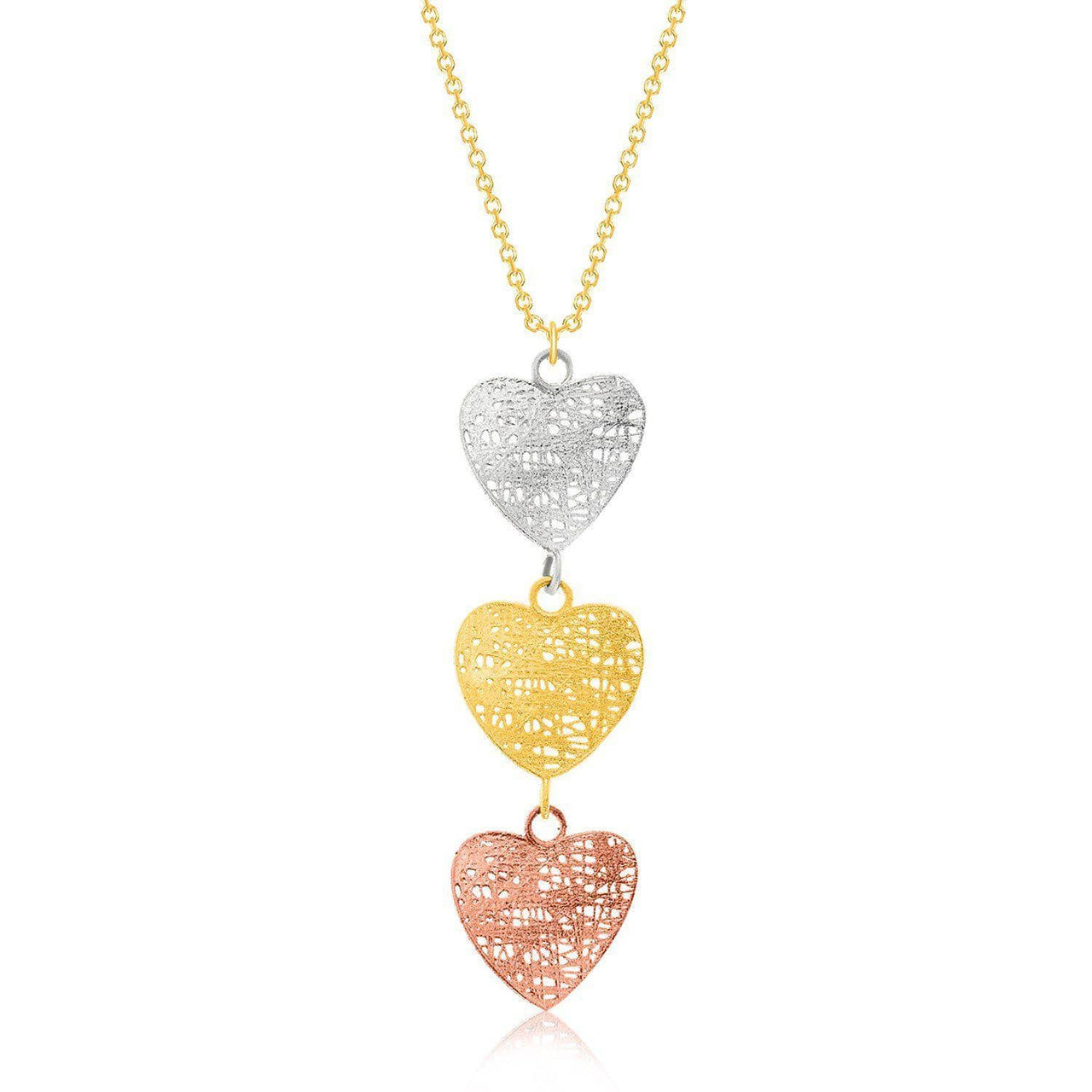 14k Tri-Color Gold Mesh Wire Heart Chain Dangling Pendant Pendants Angelucci Jewelry   