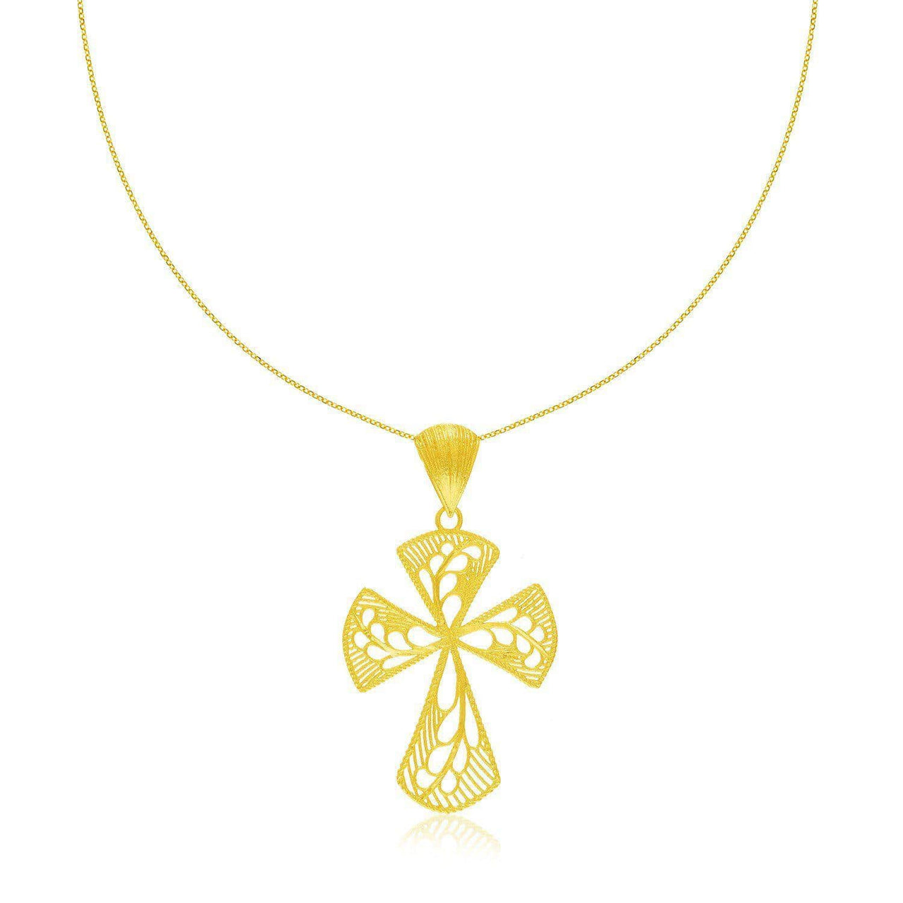 14k Yellow Gold Cross Pendant with Leaf Design Lace Pattern Pendants Angelucci Jewelry   