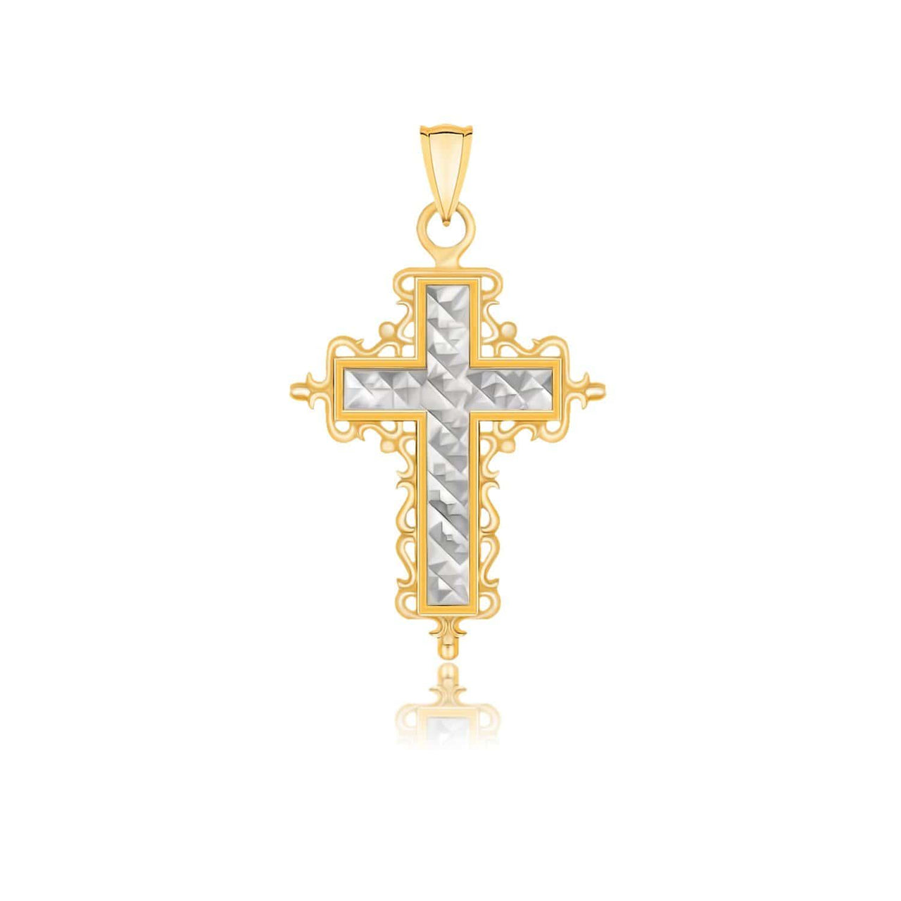 14k Two-Tone Gold Diamond Cut and Baroque Inspired Cross Pendant Pendants Angelucci Jewelry   